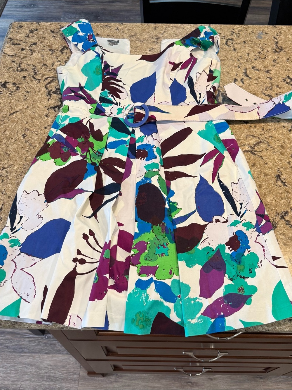 Girls Floral Belted Dress in White with Blue & Green Accents